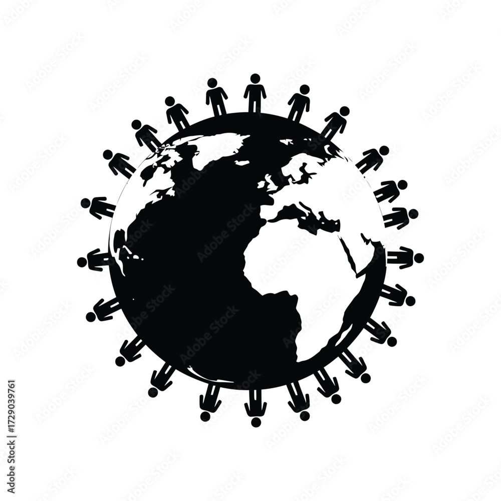 Obraz premium People Holding Hands Around the World Symbolizing Unity and Global Community A Black and White Graphic Illustration of International Collaboration for a Sustainable Future