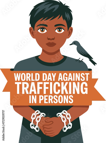 Child in chains with bird and text World Day Against Trafficking in Persons human trafficking slavery