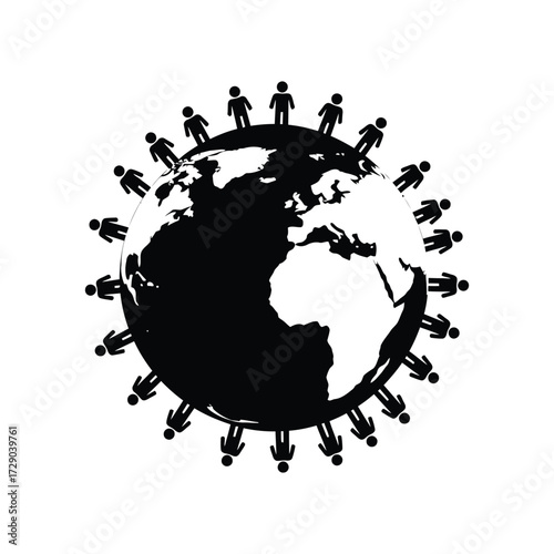 People Holding Hands Around the World Symbolizing Unity and Global Community A Black and White Graphic Illustration of International Collaboration for a Sustainable Future