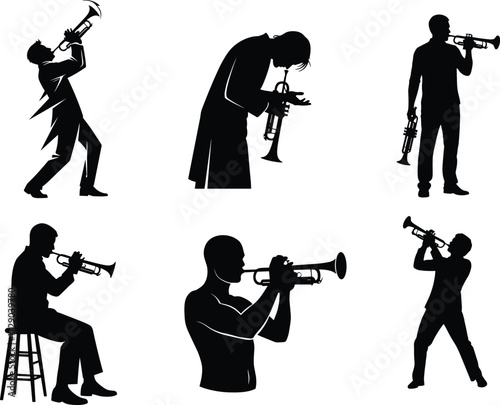 Trumpet player silhouette, jazz musician vector, trumpet art design, trumpet performance posture, trumpet music illustration,
