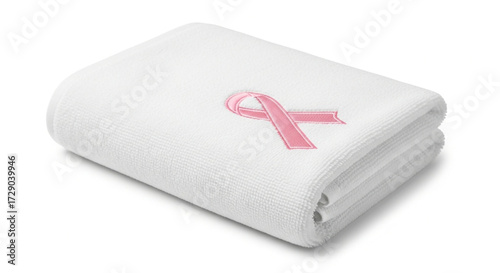Soft white folded towel with a pink ribbon symbol of breast cancer awareness embroidered on it isolated on white background