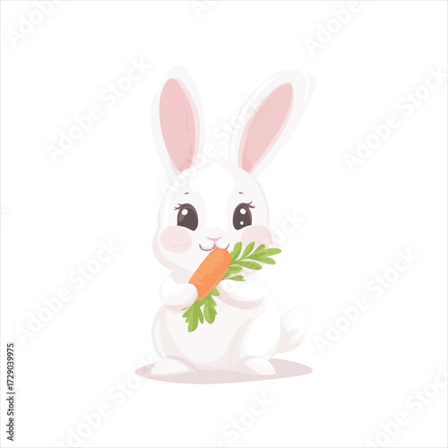 Cute white rabbit holding a carrot