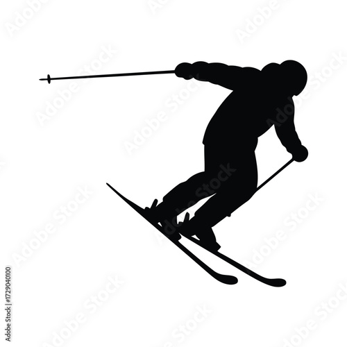 Silhouette of a skier in action descending a slope with poles and winter gear ready for adventure and enjoying the adrenaline rush of downhill skiing on a cold day