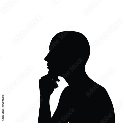 Silhouette of a thoughtful person with hand on chin in contemplation and deep reflection on a white background depicting a figure thinking about life issues and philosophical questions