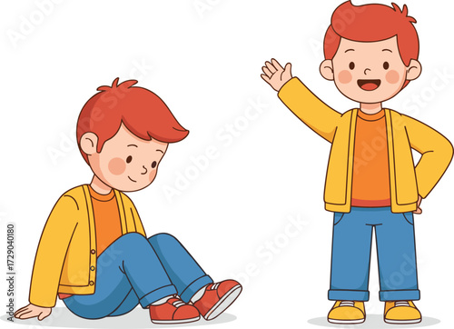 Cartoon boy sitting, happy boy standing, emotional children illustration, childhood expressions, smiling and shy kids, cute vector drawing, character design