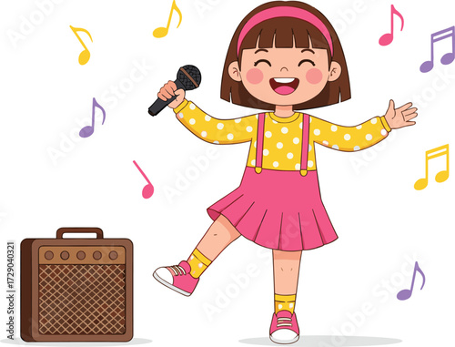 Cute girl singing with microphone, happy child performing music, colorful notes, childhood concert illustration, vector cartoon character, playful stage expression