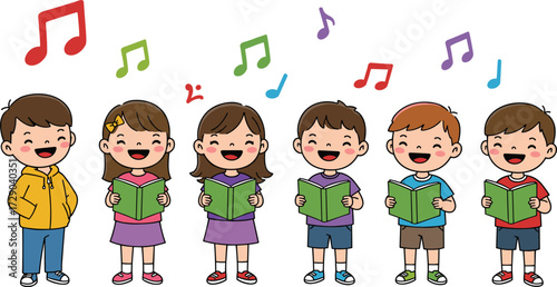 Group of children singing together, cartoon kids with books, happy choir illustration, joyful boys and girls music performance, cute vector art
