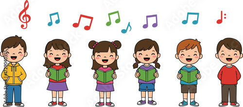Group of children singing together, cartoon kids with books, happy choir illustration, joyful music performance, cute boys and girls vector art