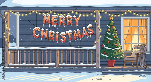 Festive cartoon christmas home scene with decorated porch and christmas tree illustration