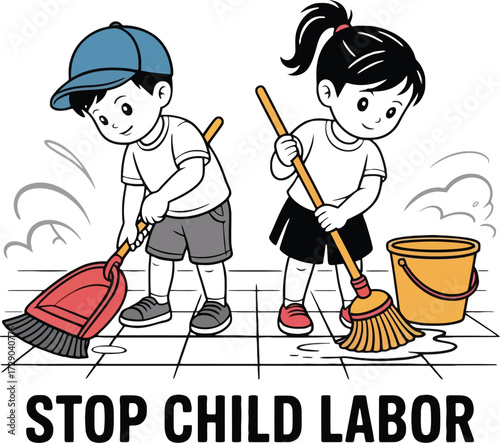 Cartoon children sweeping floor with brooms and dustpan stop child labor children cleaning