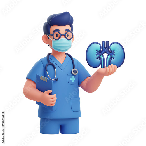 Clay Style Line Art SVG Icon of Male Urology Doctor Holding Human Kidneys – Medical Specialist Illustration for Healthcare, Hospital, and Anatomy Education Design