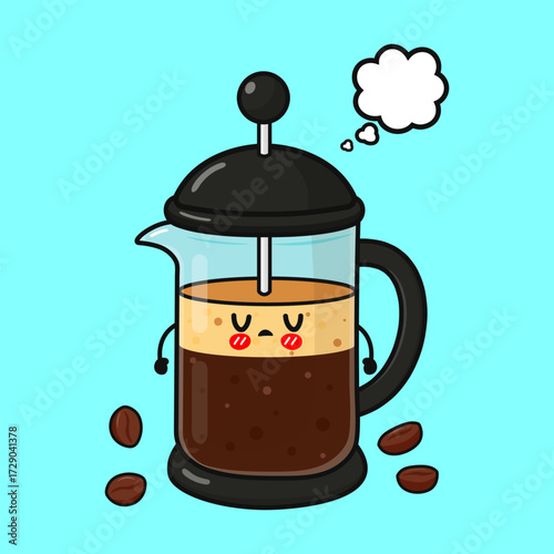 Sad French press coffee maker with thought bubble