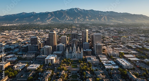 Salt Lake City Skyline and Wasatch Mountains Aerial View.