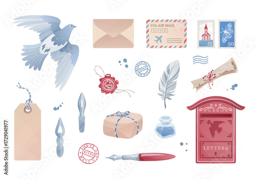 Mail items and retro writing tools big set. Letterbox, homing pigeon, kraft paper envelope, airmail letter, vintage tag. Fountain pen and ink, blobs, quill, bird feather. Postage stamps, postmarks.