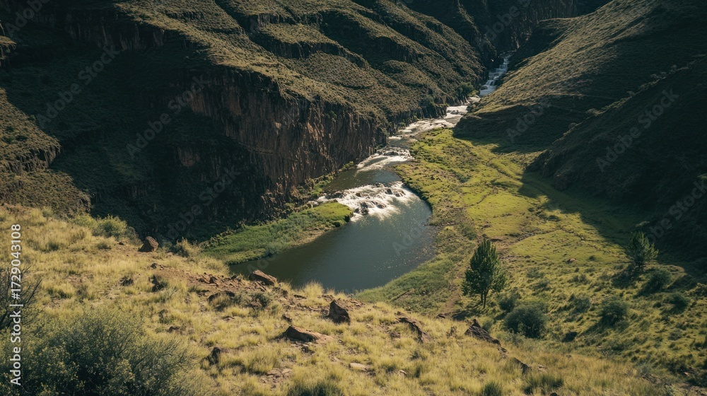 Fototapeta premium High-angle view of a river flowing through a canyon, with lush green vegetation
