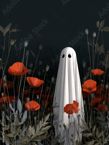 Sheet ghost standing in a field of poppies with black background.