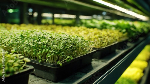 Fresh Microgreens in Seedling Tray, Indoor Planting and Gardening Scene Material