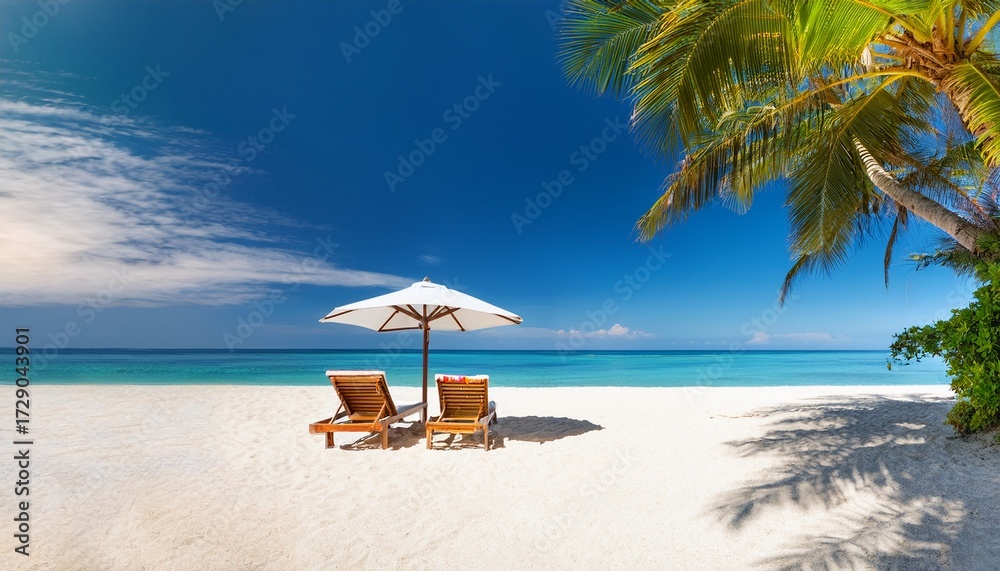 Obraz premium beautiful tropical island scenery two sun beds loungers umbrella under palm tree white sand sea view with horizon idyllic blue sky calmness and relaxation inspirational beach resort hotel