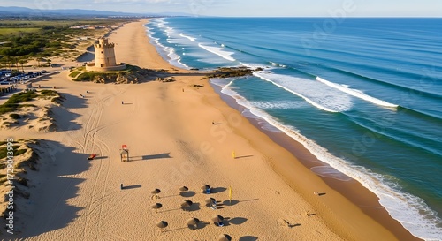 Scenic Coastal Landscape with Historic Tower and Ocean Waves.