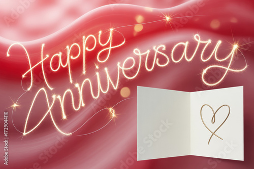 Celebrate enduring love with a sparkling 'Happy Anniversary' message and an elegant heart-adorned card, perfect for heartfelt greetings and cherished moments.