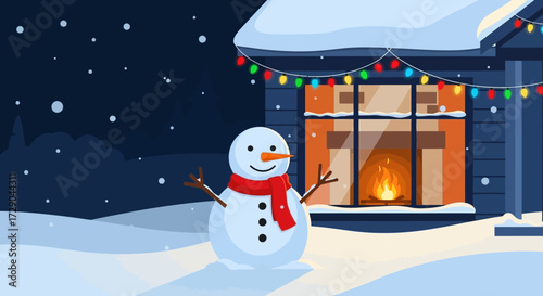 Snowman welcomes the winter season with a cozy fireplace and twinkling lights outdoor view
