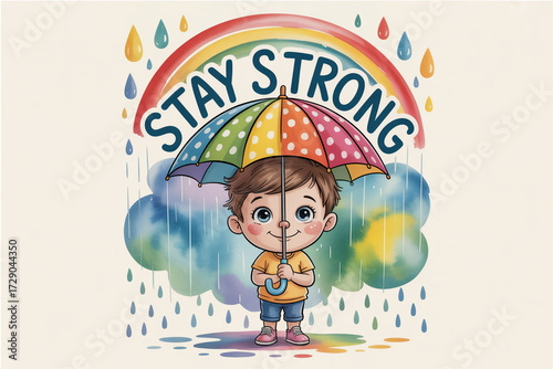 Adorable child with a vibrant umbrella and rainbow motif bravely faces a colorful rain shower, embodying resilience and hope with the uplifting message 'STAY STRONG' displayed prominently.