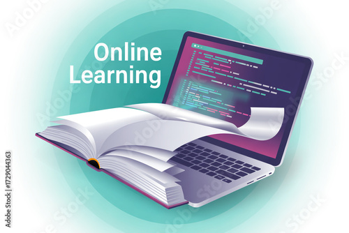 Unlock knowledge and skills with this dynamic digital learning concept showcasing an open book seamlessly merging with a modern laptop displaying code, perfect for educational technology promotions.