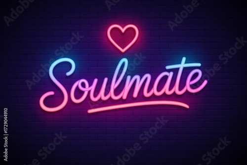 Captivating neon sign glowing 'Soulmate' with a vibrant heart, perfect for romantic events, wedding decor, or expressing deep connection in a modern, stylish way