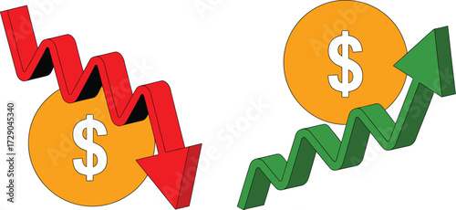 Financial growth and decline represented by upward and downward arrows with dollar coins.