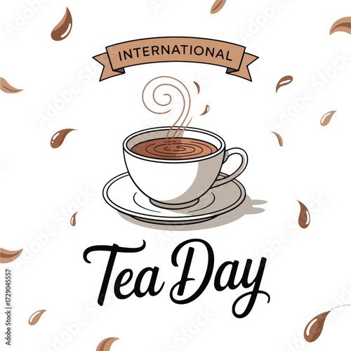 White teacup with brown liquid and steam on saucer surrounded by falling brown leaf shapes drink