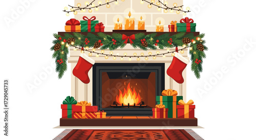 Festive fireplace illustration with warm glowing flames, stockings and holiday decorations for