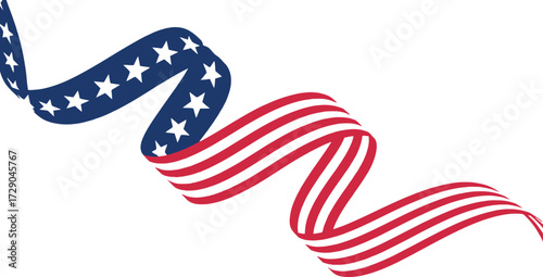 Dynamic ribbon in patriotic colors and stars flows gracefully against a clean white background.