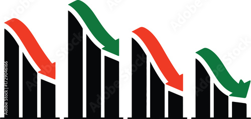 Fluctuating market trends shown by descending and ascending bar graphs with arrows