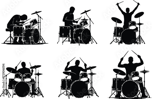 Drummer silhouette, drum set, music performance, percussion, rock concert, rhythm, energy, live show