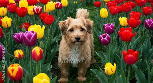 Small dog surrounded by vibrant tulips in a colorful garden scene