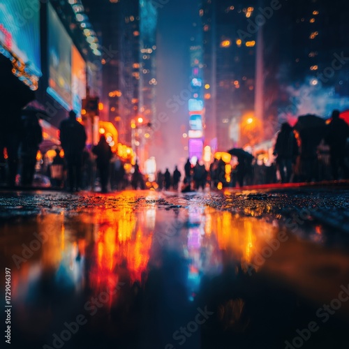 Vibrant Urban Night Scene with Bright Lights Reflected on Wet Street in Busy Downtown Area with People and Tall Modern Buildings in a Nighttime Cityscape