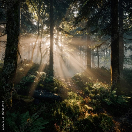 Serene forest scene at sunrise with sunlight filte through tall trees and lush greenery, creating a peaceful and natural woodland environment