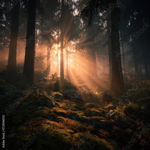 Serene forest scene du sunrise with sunlight filte through tall trees illuminating lush mossy ground and creating a peaceful nature landscape view