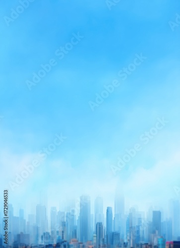 A city skyline stretches across the horizon under a bright blue sky filled with soft, hazy clouds. Distant buildings create an urban silhouette.
