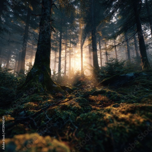 Serene forest landscape with radiant sunlight filte through tall trees, lush moss cove forest floor, creating peaceful natural environment scene