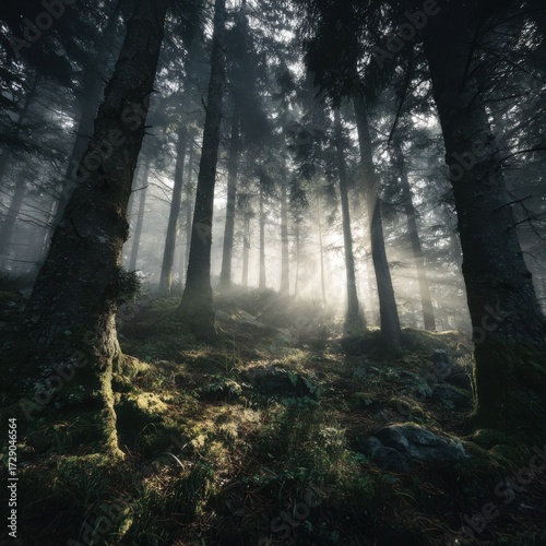 Serene mysterious forest landscape with tall trees foggy atmosphere sun rays filte through dense canopy green moss and natural wilderness scene