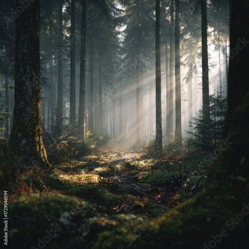 Tranquil forest scene with sunlight rays filte through tall trees and lush greenery creating a peaceful natural environment in the early morning or late afternoon