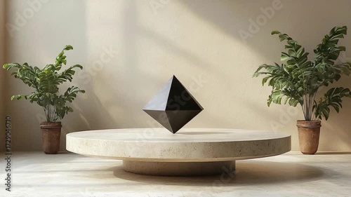 Modern, minimalist scene featuring a geometric sculpture on a circular, light-toned stone pedestal, complemented by lush houseplants in a sunlit interior.