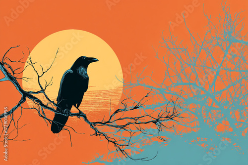 A crow perched on a bare branch against a setting sun and leafless trees