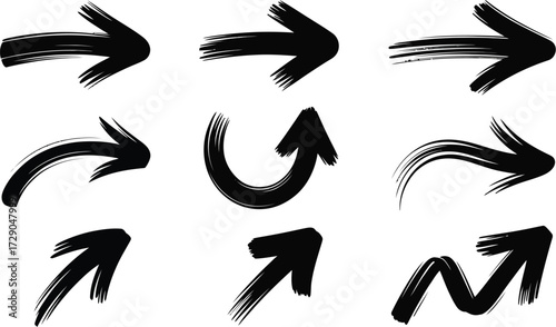 Collection of diverse black brush stroke arrows pointing in various directions on white background