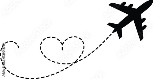 Airplane leaving a dotted heart trail across a white background symbolizing love and travel.