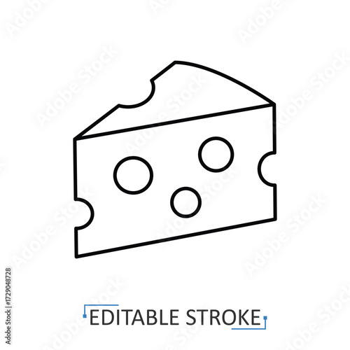 A wedge of cheese icon in a minimalist line style with editable stroke. Dairy food product, milk appetizer, gourmet kitchen ingredient, swiss cheese snack, restaurant meal symbol.