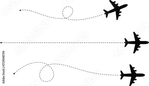Silhouettes of airplanes follow dotted flight paths across a white background, representing travel and navigation.