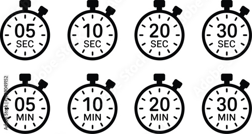 Collection of simple stopwatch icons in seconds and minutes for time management