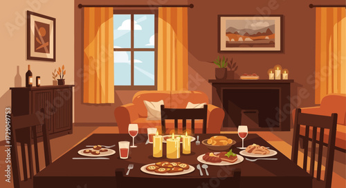 A cozy dining room illustration with a set table for a feast and warm atmosphere
